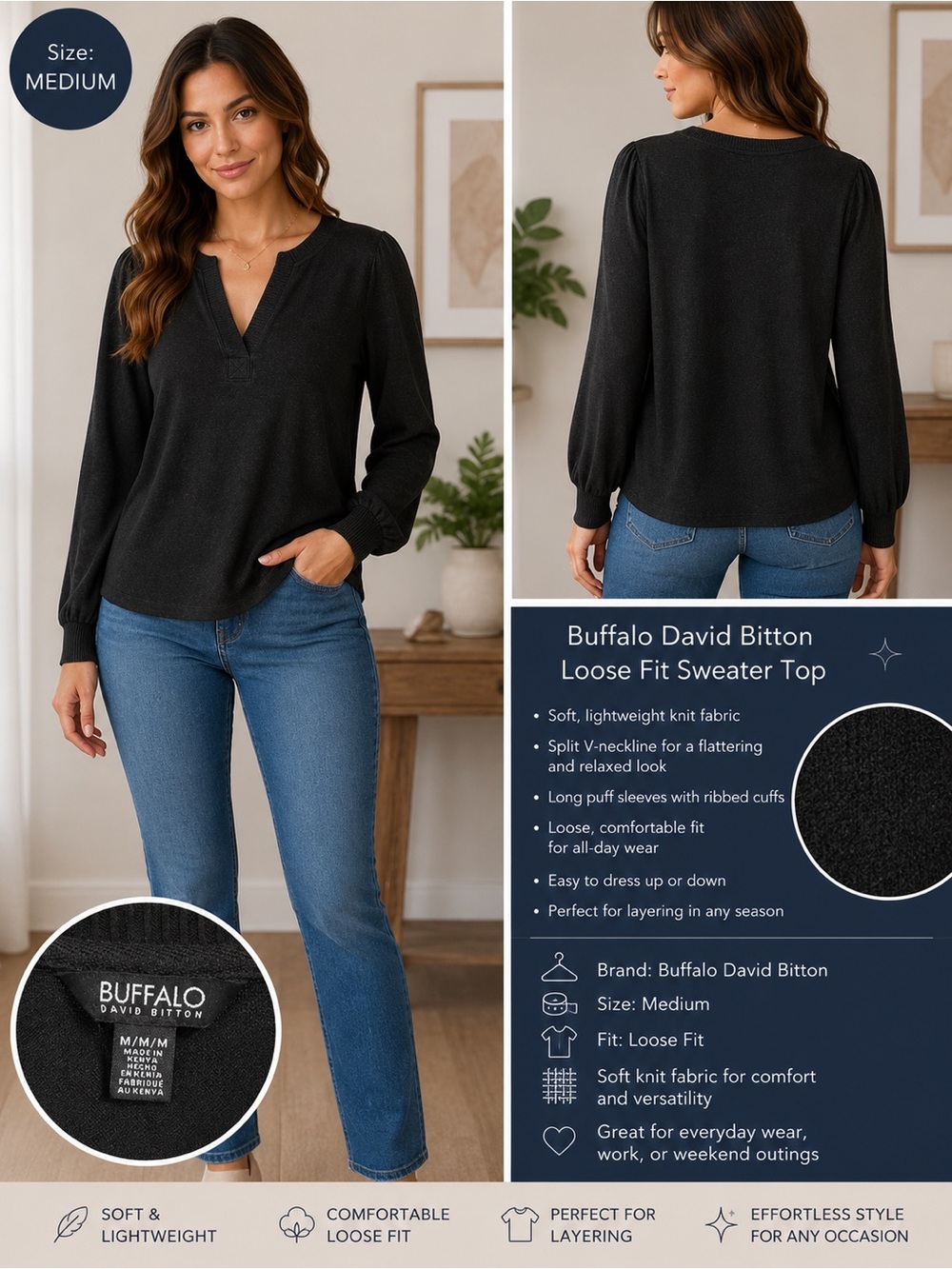 Buffalo David Bitton Black Split V-Neck Puff Sleeve Sweater Top